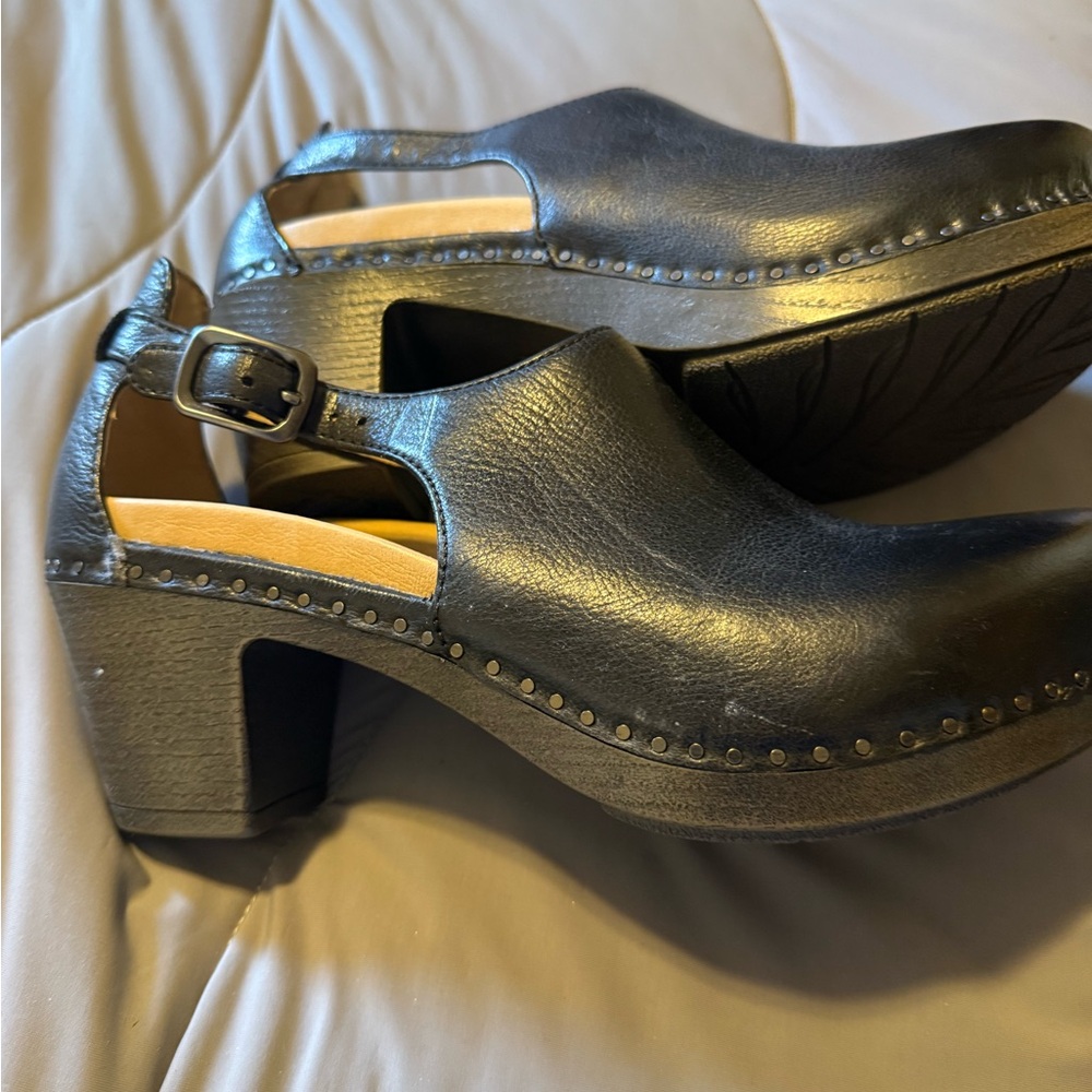 Dansko Black Leather Heeled Mules